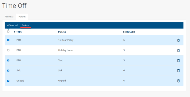 How to setup time off policies- bulk delete
