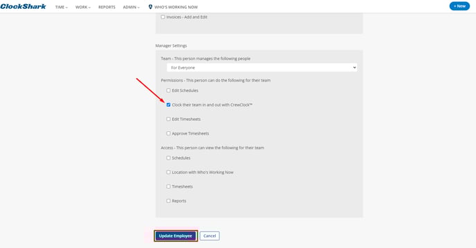 ClockShark Web_Admin_People_Employees_Manager Settings_Clock their team in and out with Crew Clock